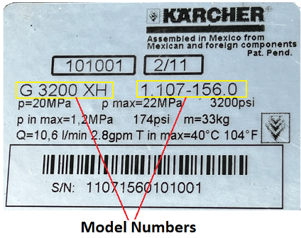 Karcher Model number sticker. Sections surrounded in yellow are needed to look up parts breakdowns